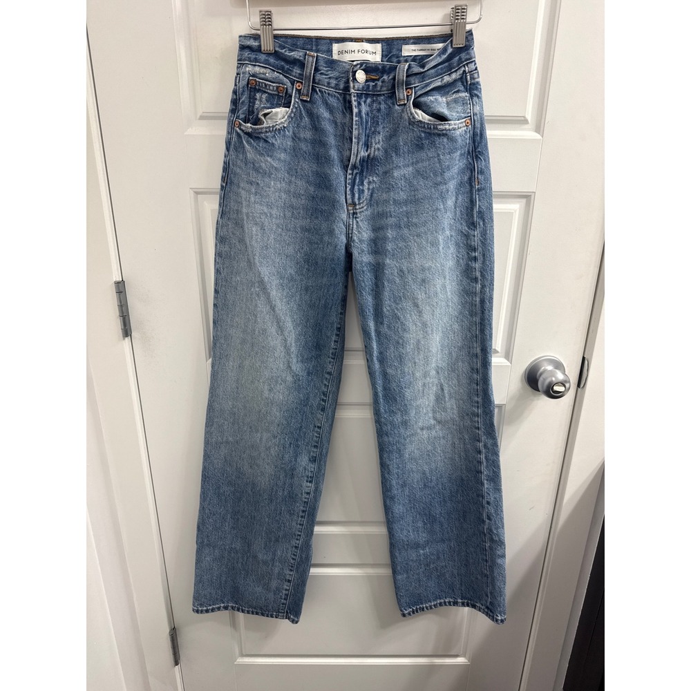 Denim Forum The Farrah Hi-Rise Wide Leg Jeans Blue Distressed Size 23